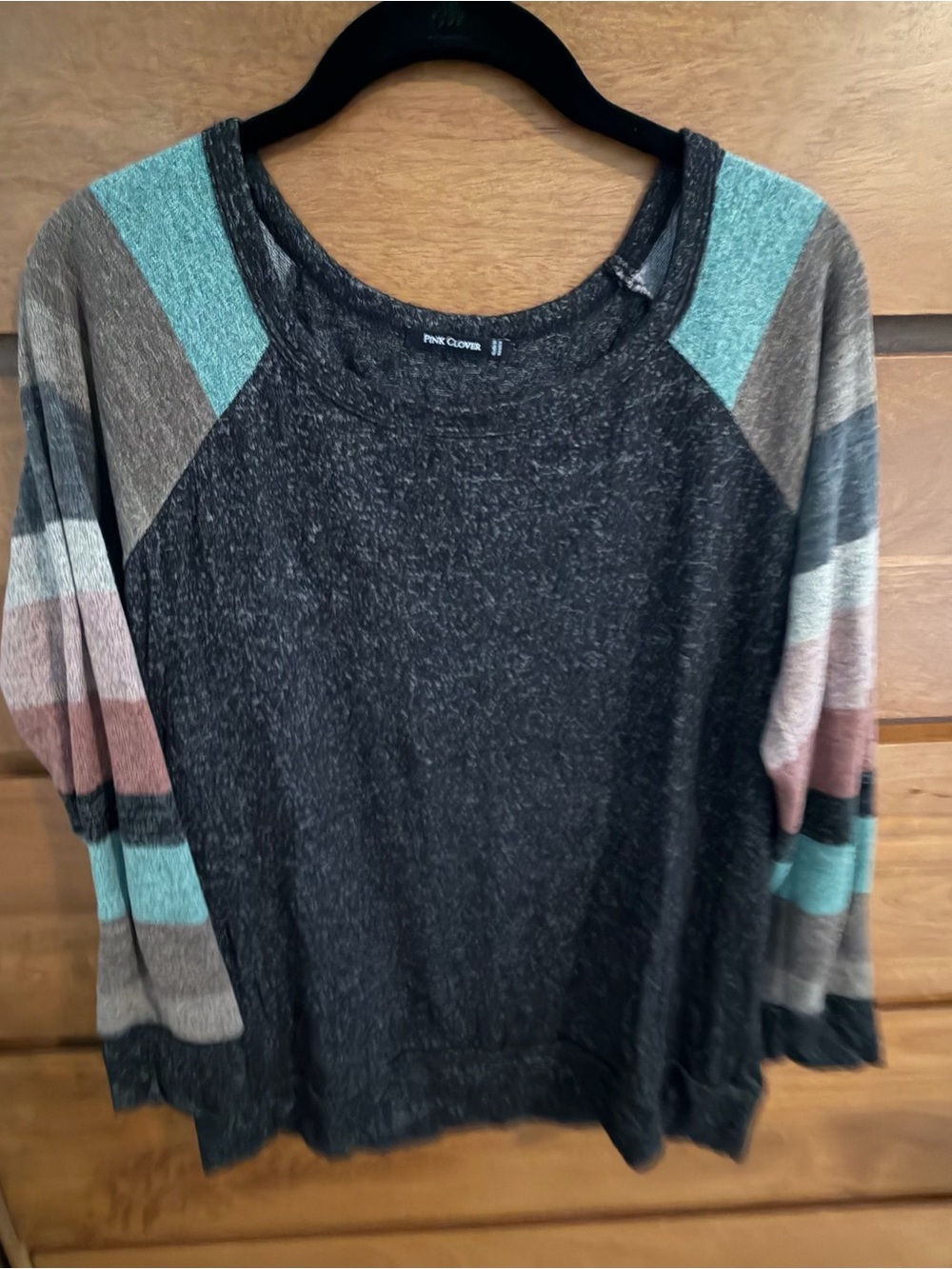 Pink Clover Black Pullover Sweater with Mint and Blush Striped Sleeves